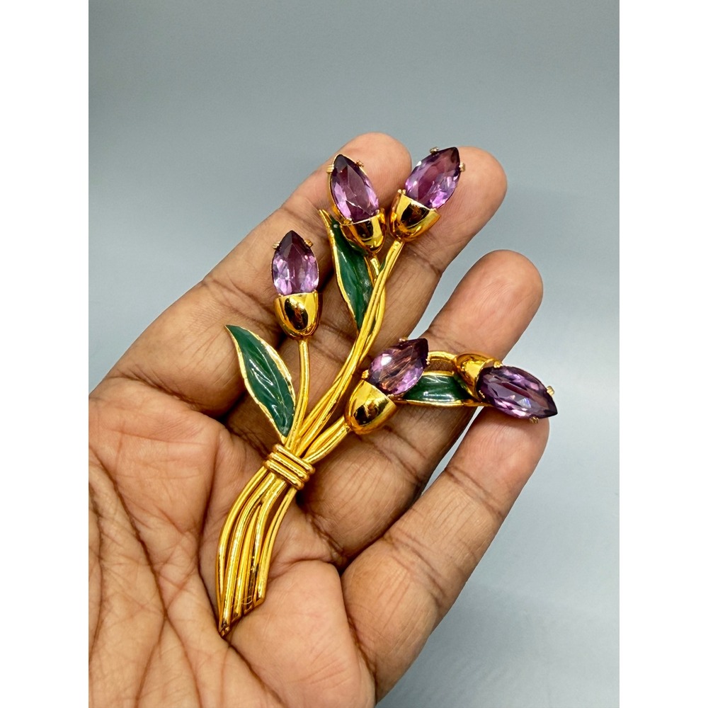 Vintage Gold Tone Purple Glass Enamel Flower Bouquet Brooch Large Statement - Picture 2 of 14
